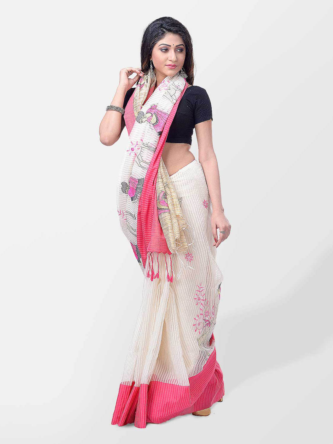 Women's Traditional Bengali Cotton Handloom Sakuntala Tant Saree of Bengal with Blouse Piece (Pink White)